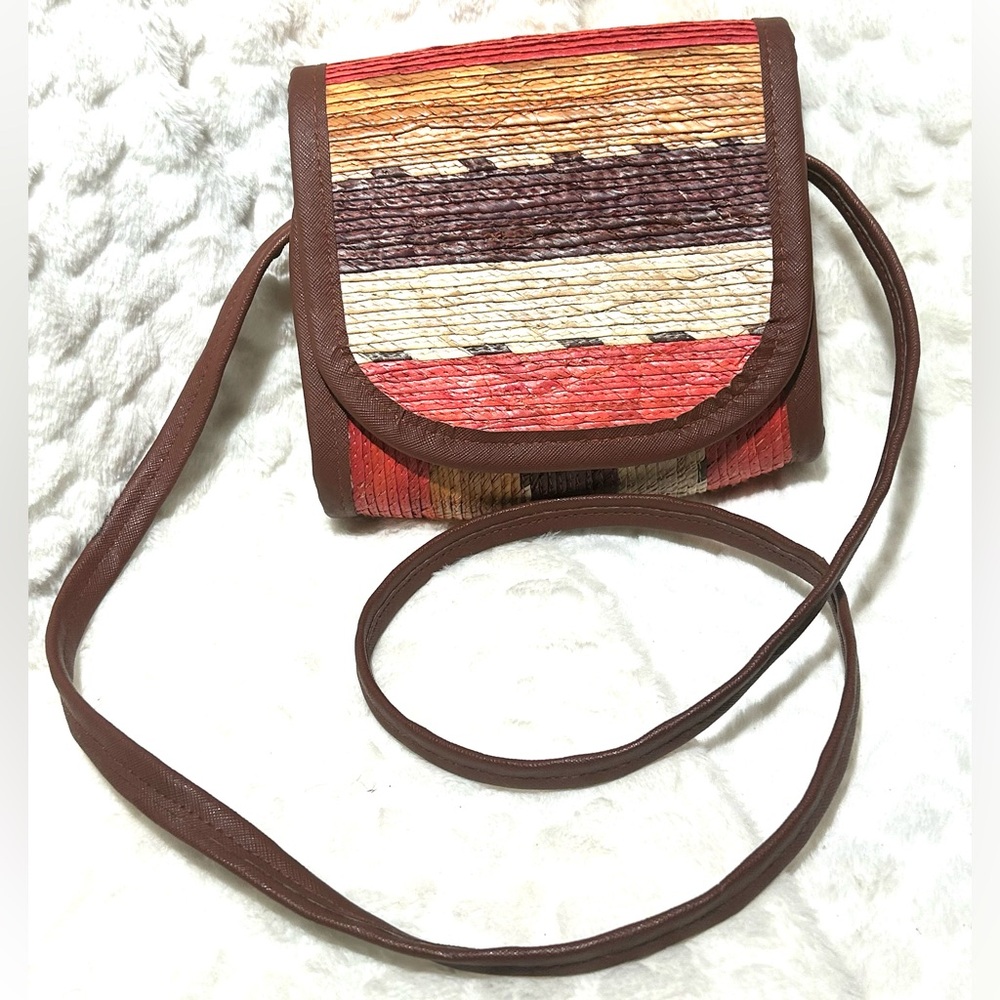 Brown Tan Orange Gold Handmade Boho Straw Crossbody Purse Bag